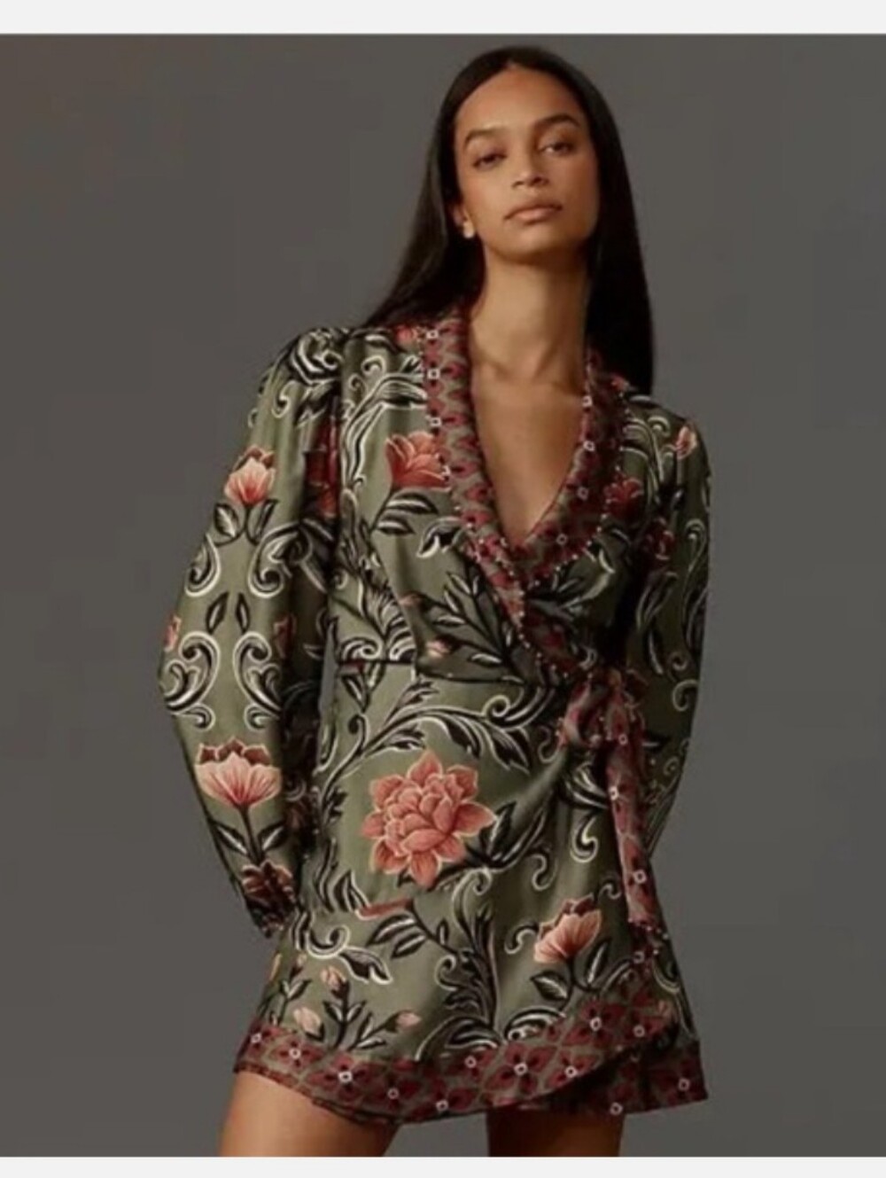 Farm Rio Floral Arabesque Wrap Dress in Deep Green and Rose